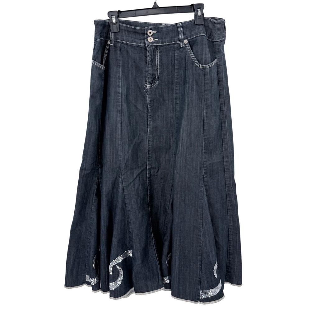 Ashley Stewart Western Dark Wash Sequin Embellished Denim Maxi‎ Skirt Blue 14W